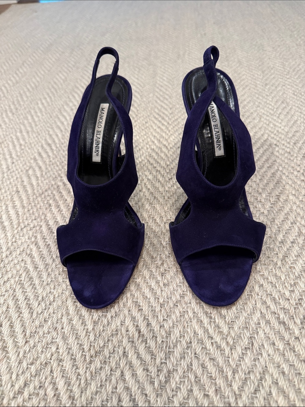 Manolo Blahnik Deep Navy Suede Open-Toe Slingback Heels